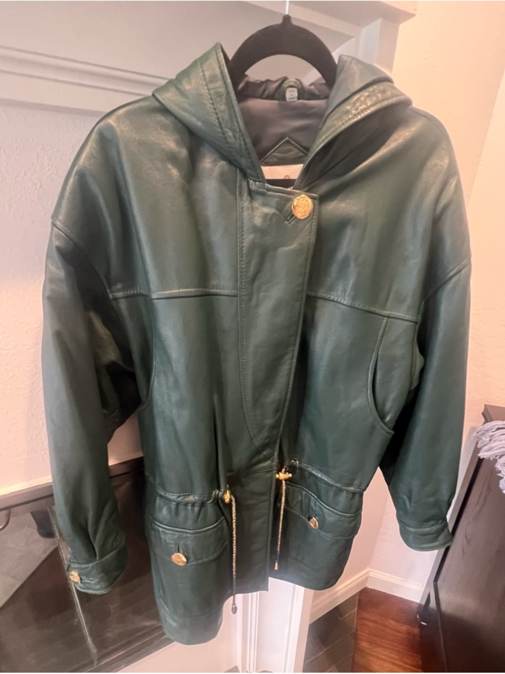 Bill Blass Dark Green Leather Hooded Jacket